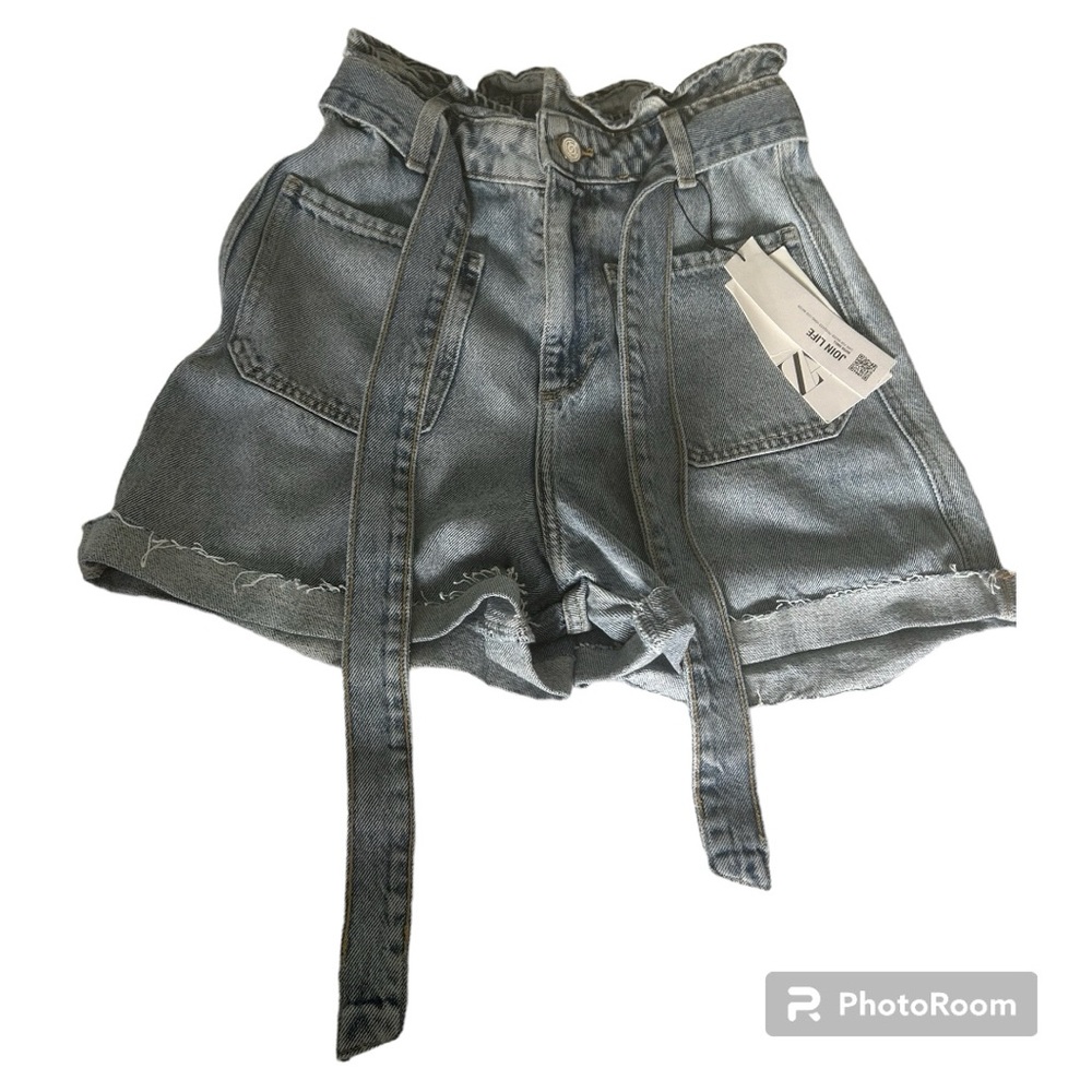 Zara NWT blue denim high waisted paperbag jean shorts belt belted